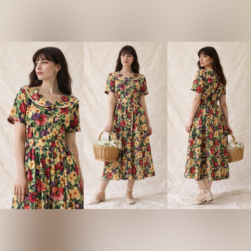 Vintage Carol Anderson Floral Cottagecore Midi Dress Size M